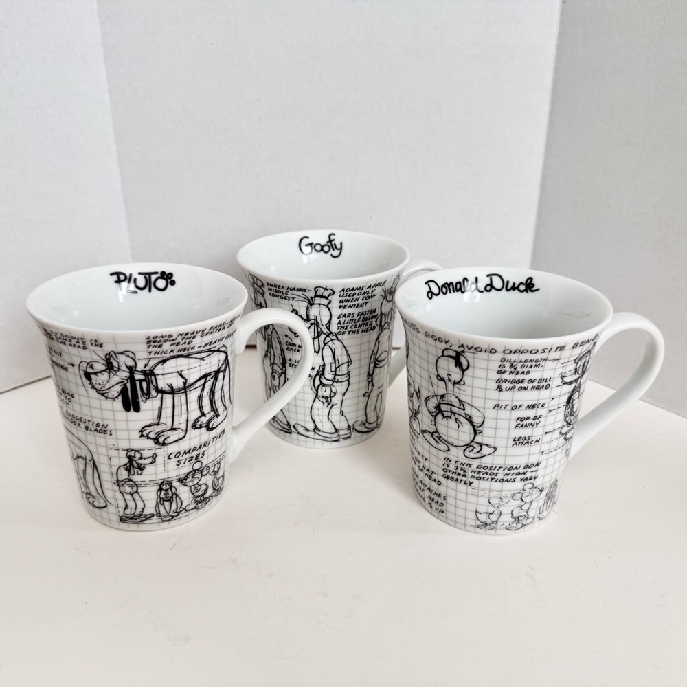 Disney Sketch Book Pluto Goofy Donald Coffee Tea Cups Mugs Set of 3